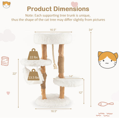 Solid Wood Cat Tower with Jute Scratching Posts and Hanging Rope