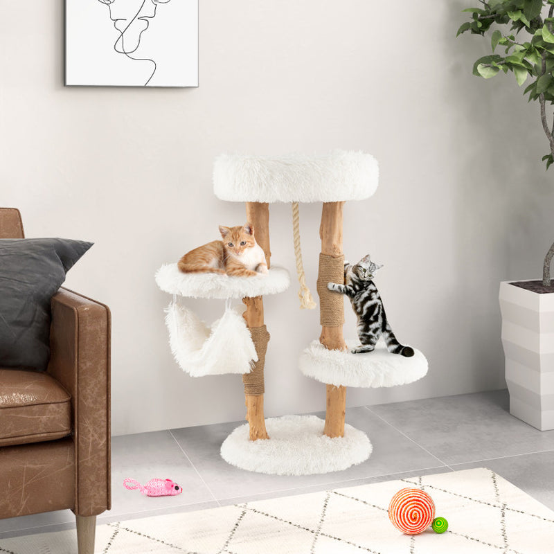 Solid Wood Cat Tower with Jute Scratching Posts and Hanging Rope