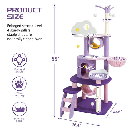 65" Cat Tree with Condo Scratching Post Tower Hammock Toys Multi-Level for Indoor Cats, Purple