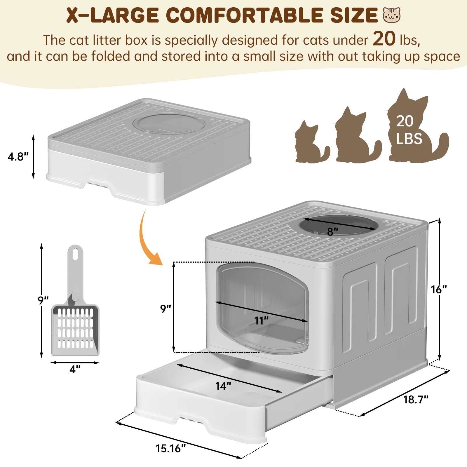 Extra Large Foldable Anti-Splashing Cat Litter Box with Litter Scoop