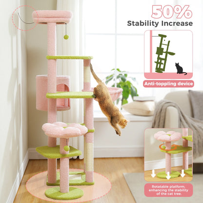 59" Cat Tree Cactus Cat Scratching Post Tower with Large Perch for Indoor Cats, Pink