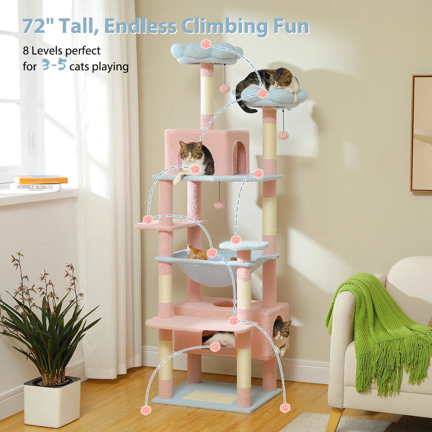 Pink Cat Tree Tower With Toys