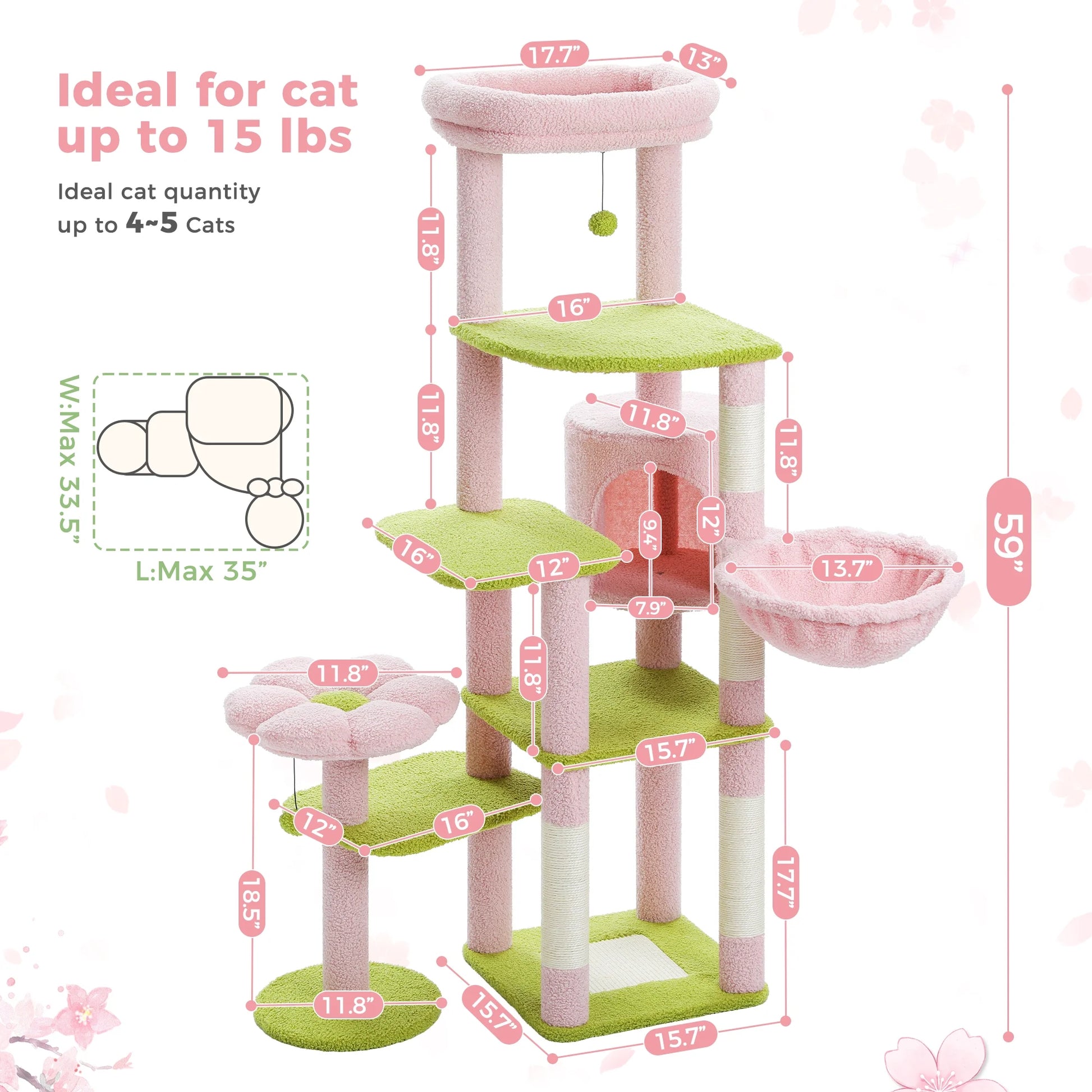 59" Cat Tree Cactus Cat Scratching Post Tower with Large Perch for Indoor Cats, Pink