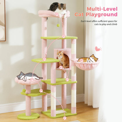 59" Cat Tree Cactus Cat Scratching Post Tower with Large Perch for Indoor Cats, Pink