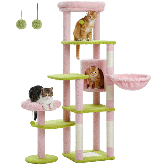 59" Cat Tree Cactus Cat Scratching Post Tower with Large Perch for Indoor Cats, Pink