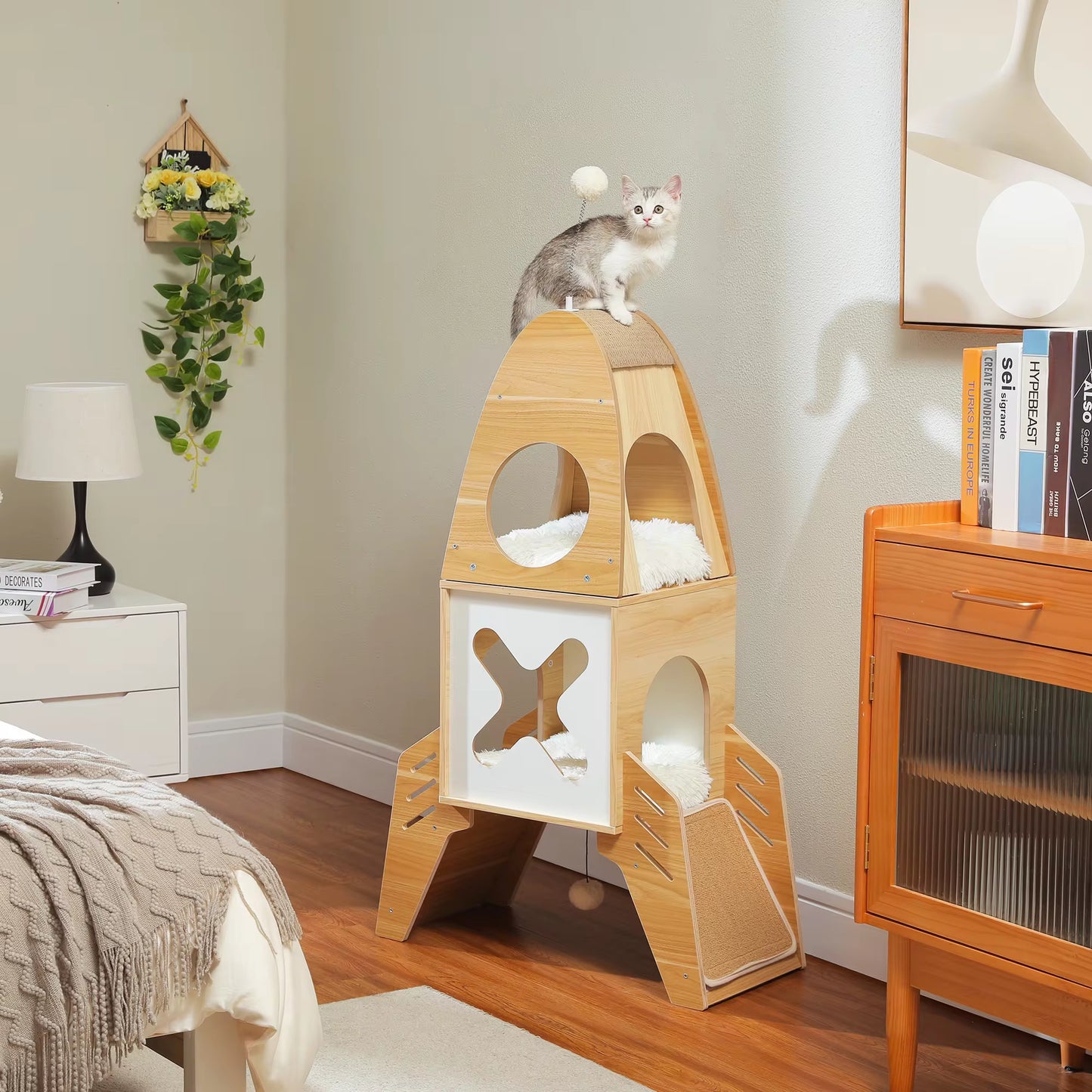 Modern Cat Tree Rocket Shape, Wooden Cat Tower Tree for Indoor Cats Multilevel Modern Cat Furniture with 2 Condos Dangling Balls