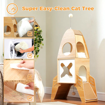 Modern Cat Tree Rocket Shape, Wooden Cat Tower Tree for Indoor Cats Multilevel Modern Cat Furniture with 2 Condos Dangling Balls