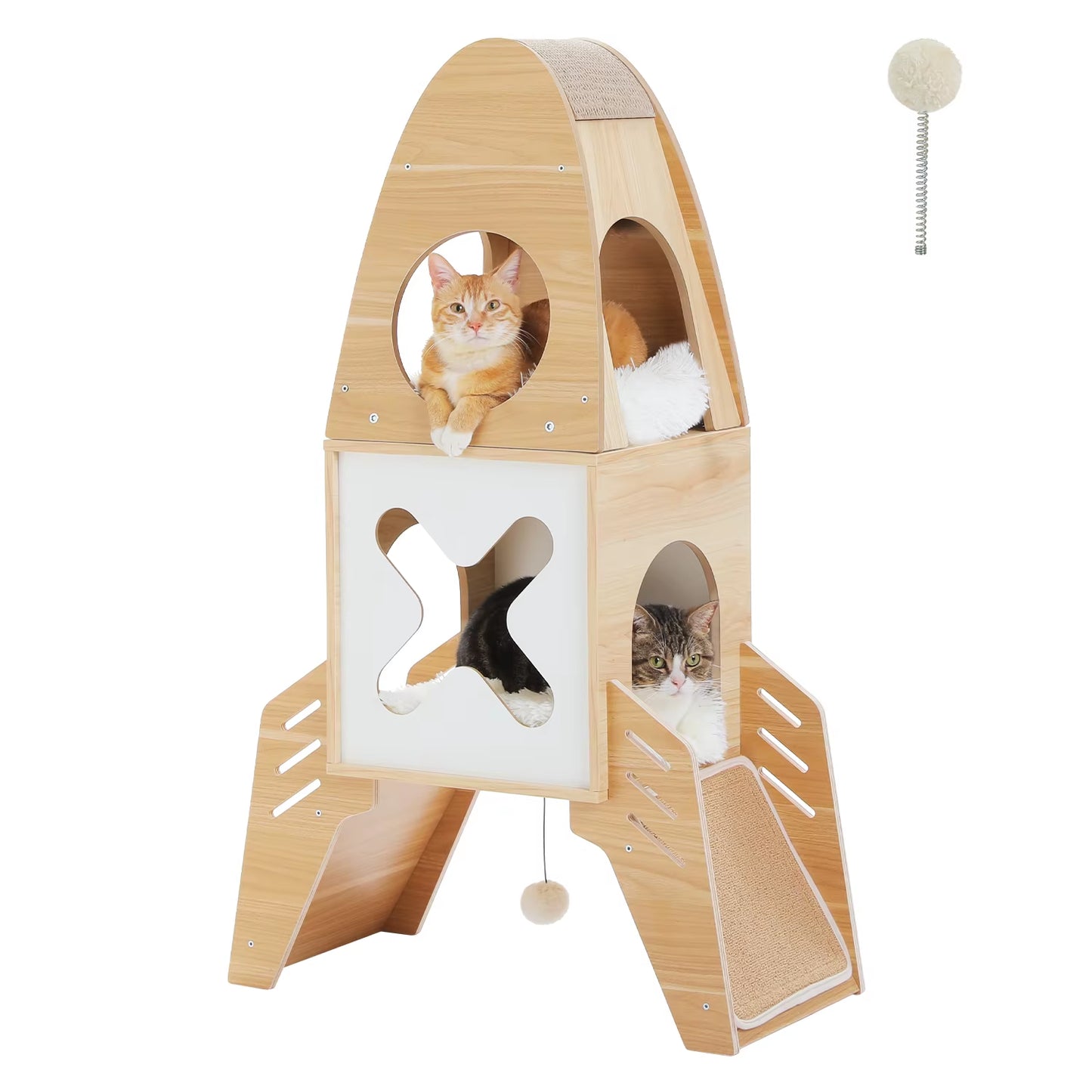 Modern Cat Tree Rocket Shape, Wooden Cat Tower Tree for Indoor Cats Multilevel Modern Cat Furniture with 2 Condos Dangling Balls