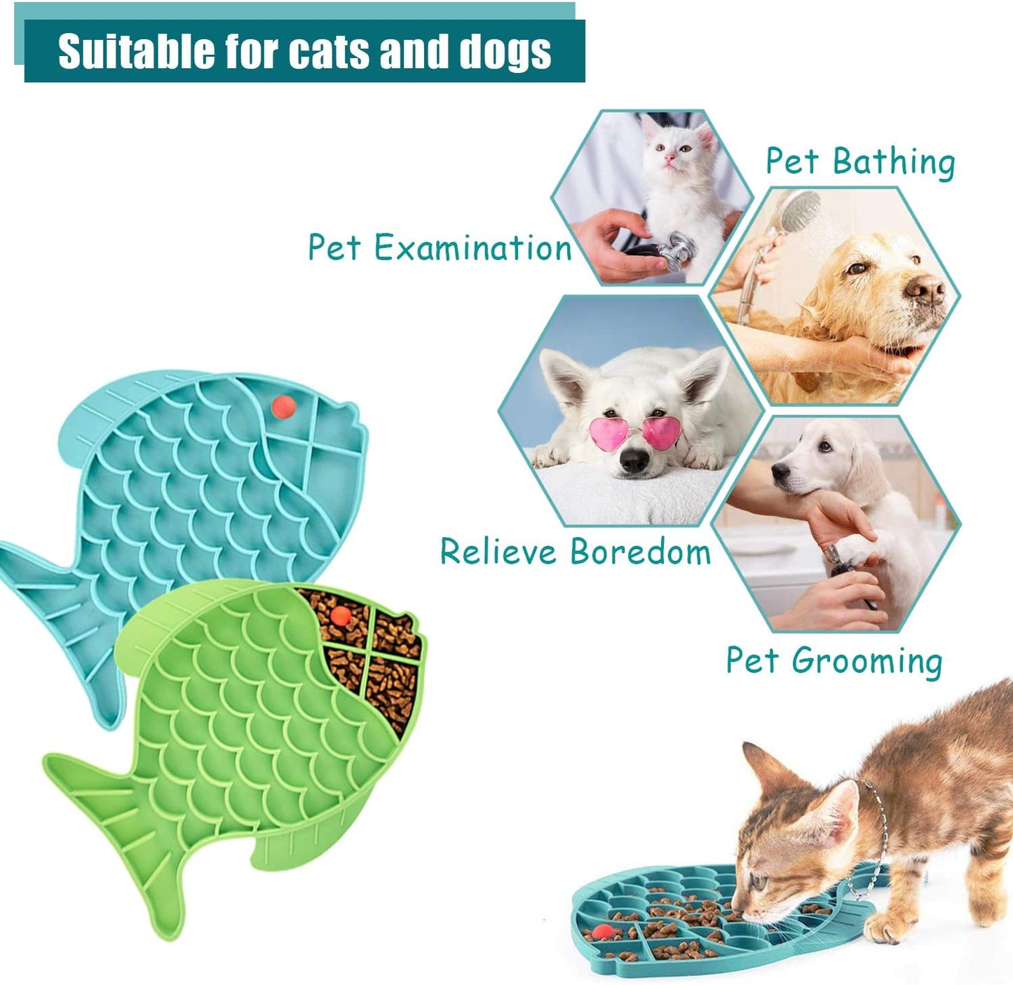 2 Pack Cat Slow Feeder, Fish-Shaped Cat Lick Treat Mat for Cats Anxiety Relief